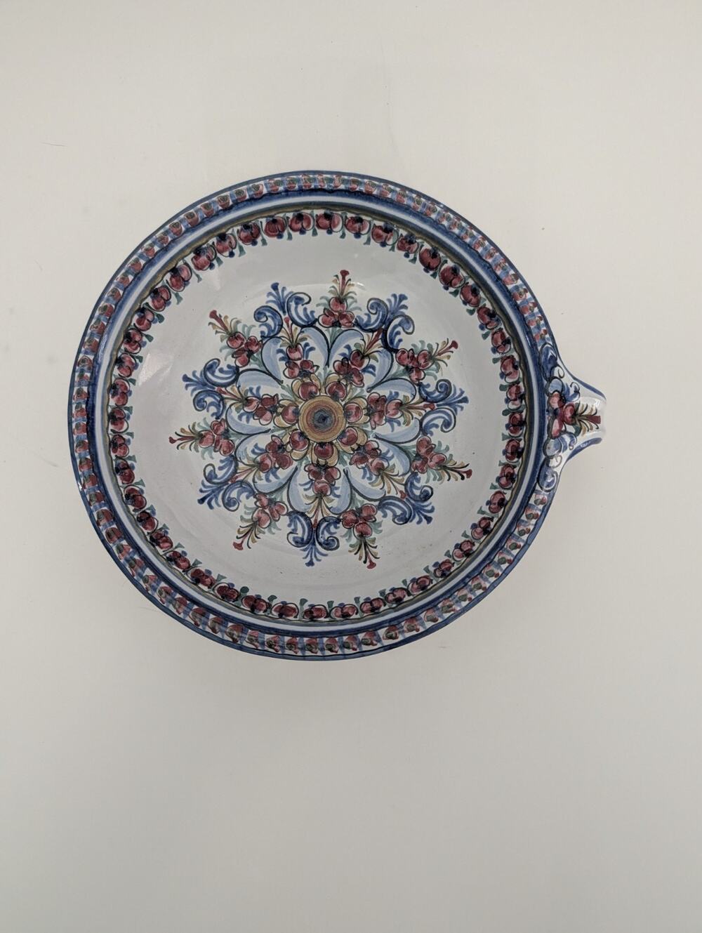 Keck Keramic Bowl W Handle Blue White Pink Bavarian Vintage Pottery 8.2" Signed